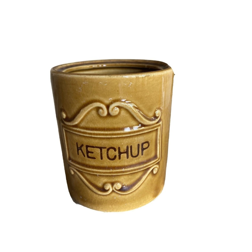 Vintage Brown Stoneware Ketchup Jar With Embossed Design